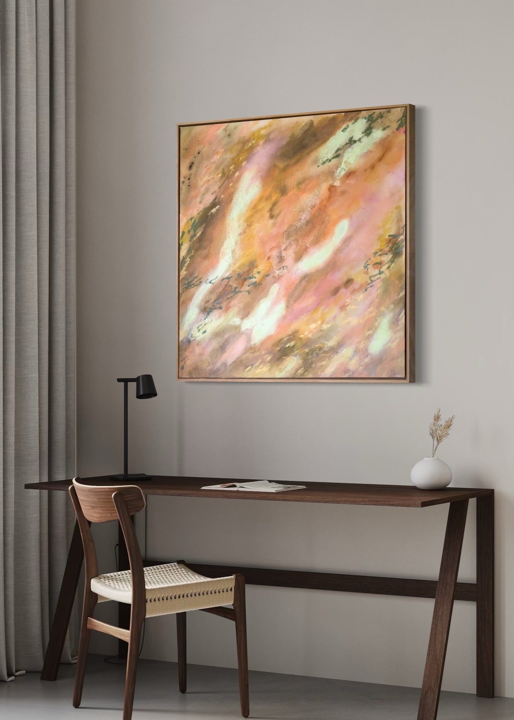Abstrakt artwork featuring swirling patterns in earthy tones, orange, olive, yellow and pastel tones in turquoise and butter yellow on a textured surface framed in oak wood.