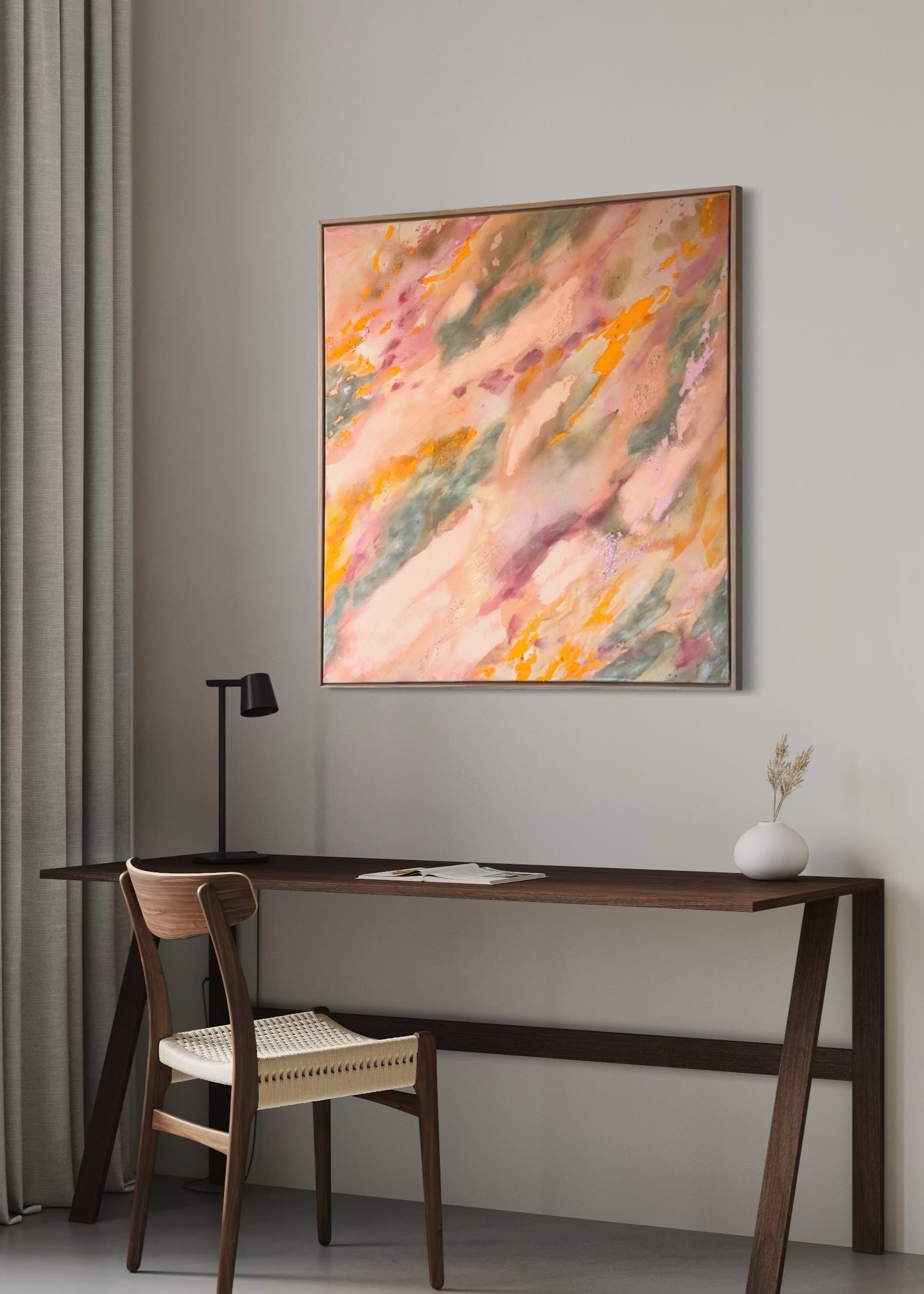 Abstrakt artwork featuring swirling patterns in pink, orange, and pastel tones in green and orange on a textured surface framed in oak wood.