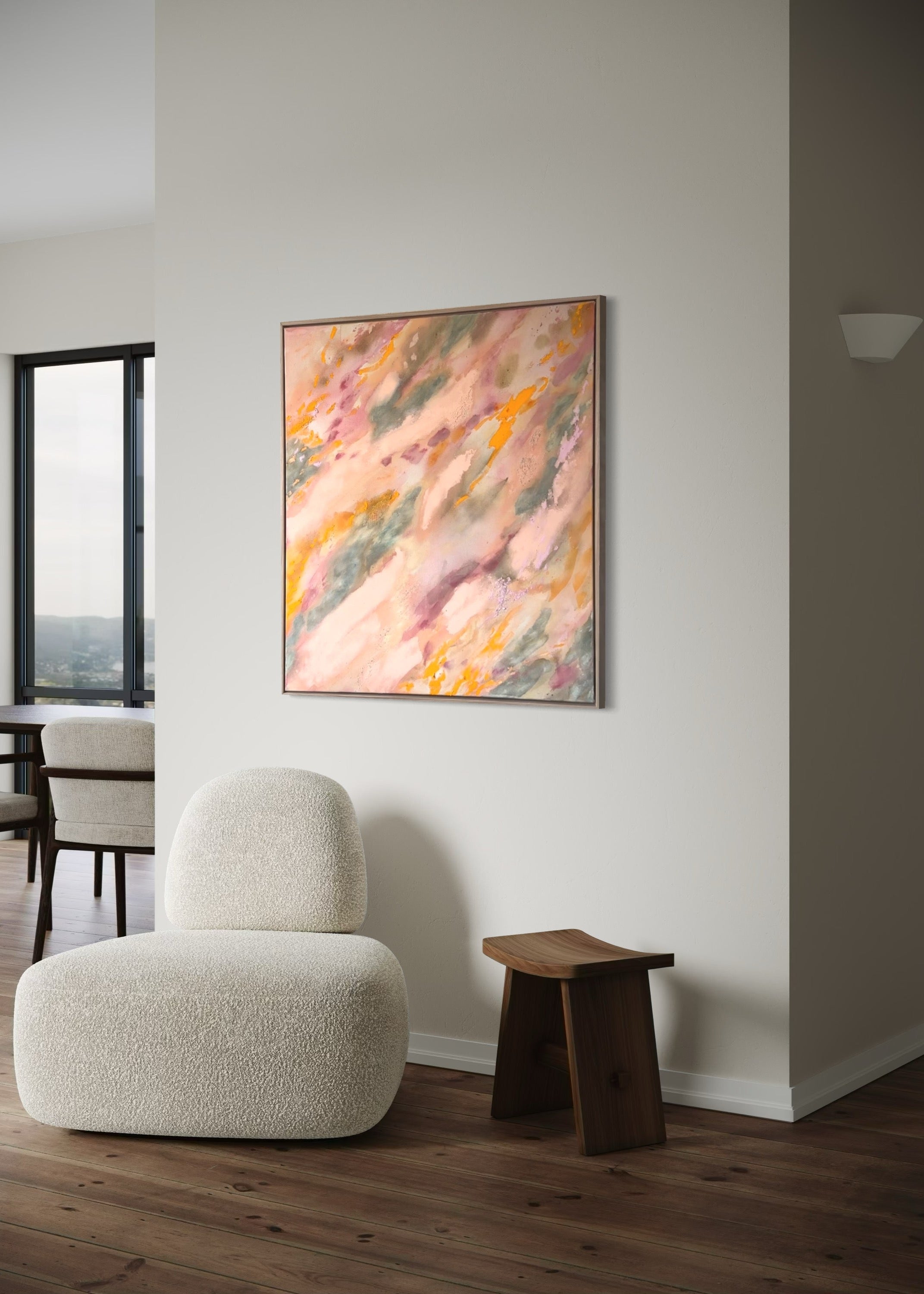 Abstrakt artwork featuring swirling patterns in pink, orange, and pastel tones in green and orange on a textured surface framed in oak wood.