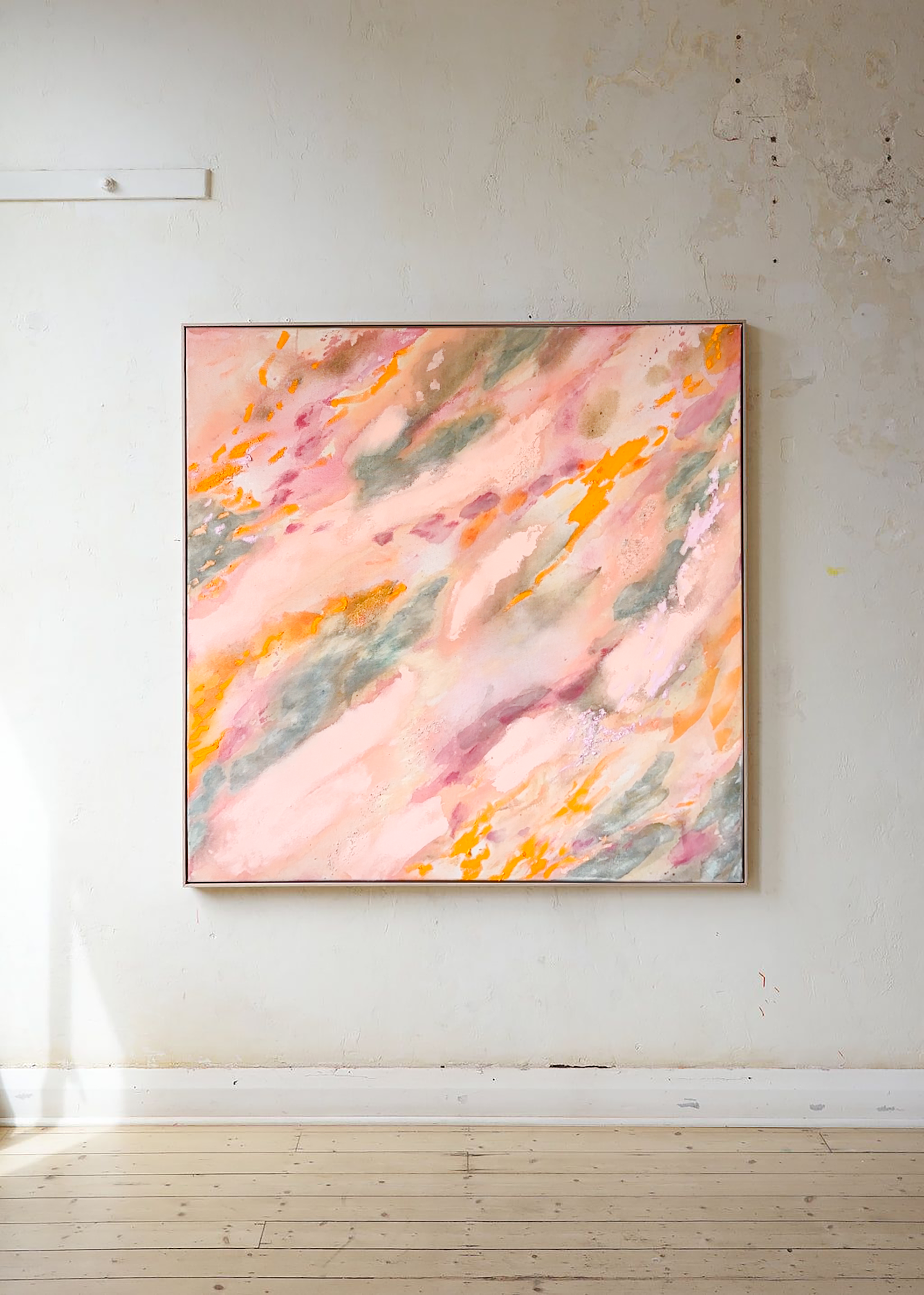 Abstrakt artwork featuring swirling patterns in pink, orange, and pastel tones in green and orange on a textured surface framed in oak wood.