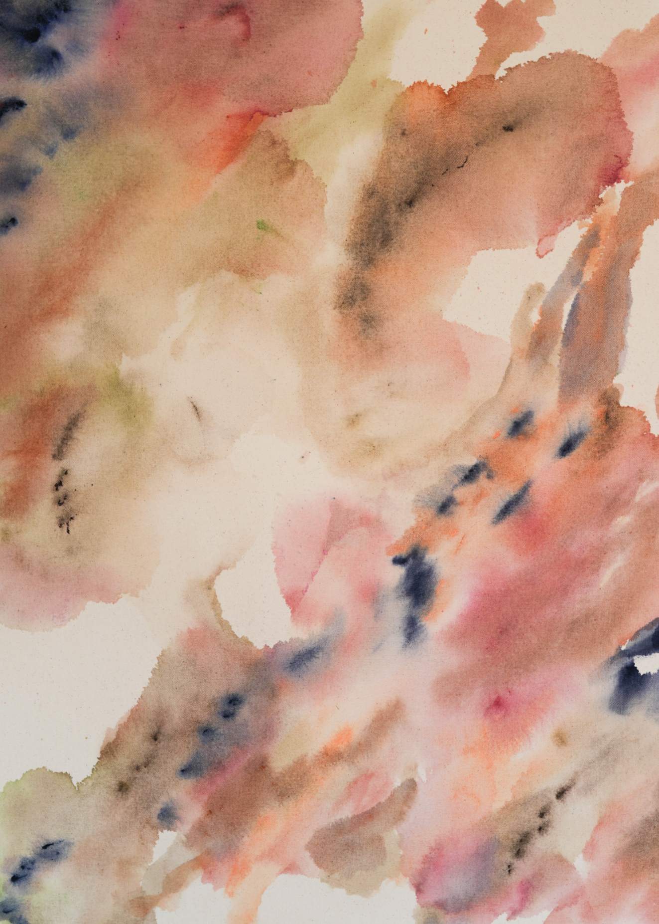 Abstract painting with deep navy brushstrokes layered over soft beige, dusty pink, and muted grey tones. Delicate hand embroidery lines move across the raw cotton canvas, evoking emotional depth and the feeling of inner turbulence and healing.