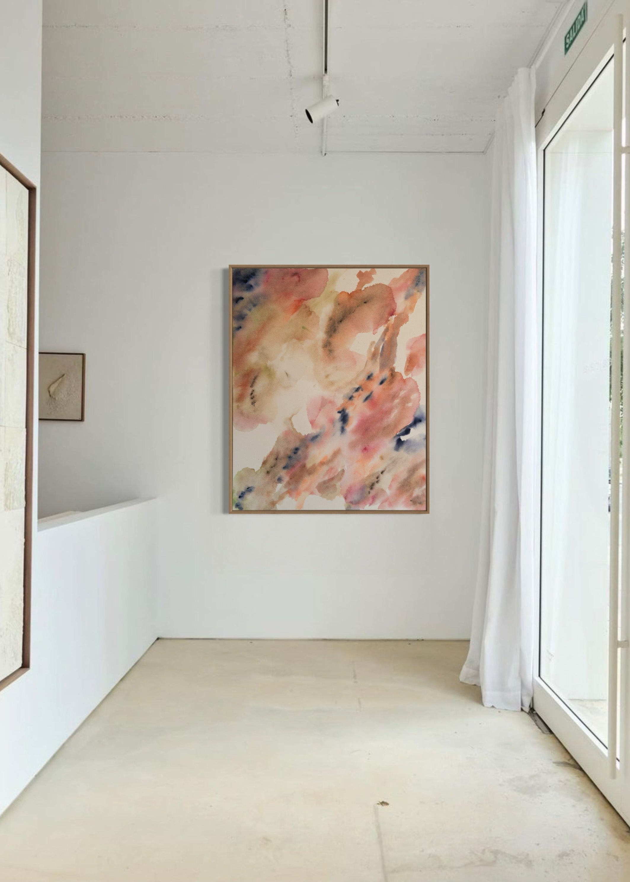 Abstract painting with deep navy brushstrokes layered over soft beige, dusty pink, and muted grey tones. Delicate hand embroidery lines move across the raw cotton canvas, evoking emotional depth and the feeling of inner turbulence and healing.