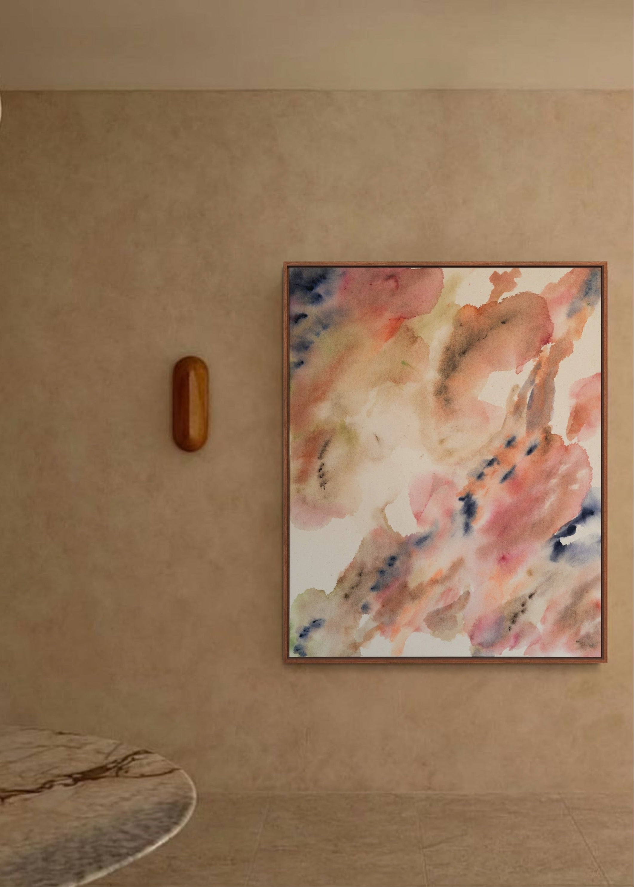 Abstract painting with deep navy brushstrokes layered over soft beige, dusty pink, and muted grey tones. Delicate hand embroidery lines move across the raw cotton canvas, evoking emotional depth and the feeling of inner turbulence and healing.