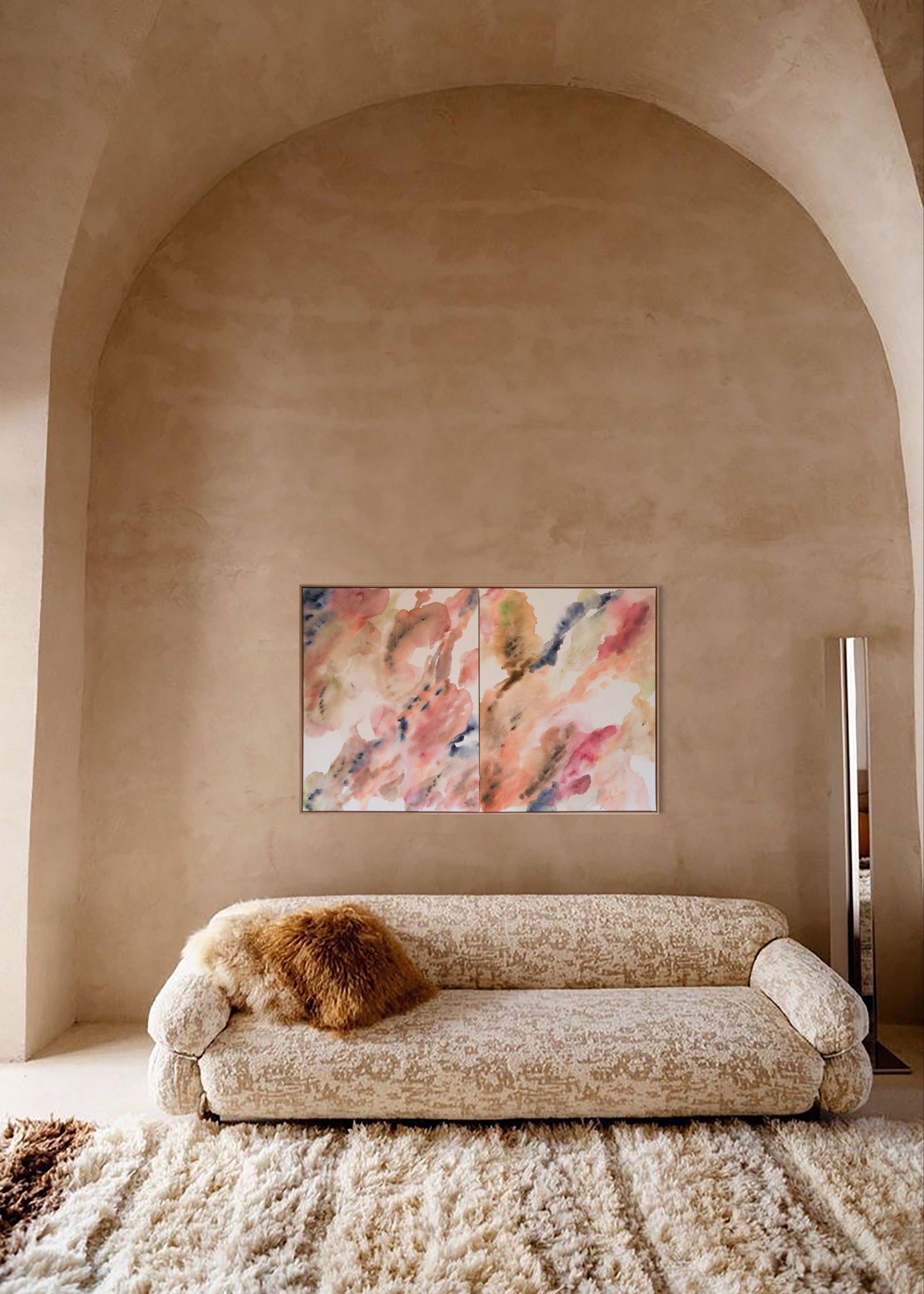 Abstract painting with deep navy brushstrokes layered over soft beige, dusty pink, and muted grey tones. Delicate hand embroidery lines move across the raw cotton canvas, evoking emotional depth and the feeling of inner turbulence and healing.