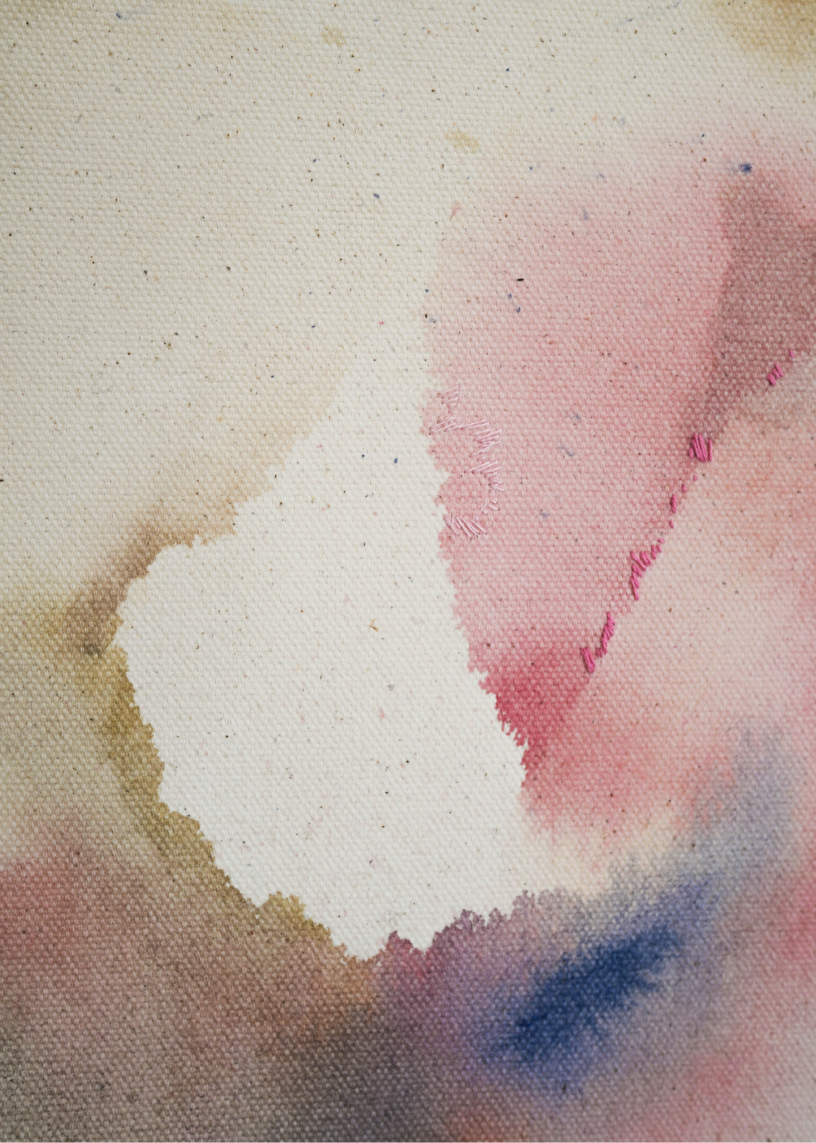Abstract painting with deep navy brushstrokes layered over soft beige, dusty pink, and muted grey tones. Delicate hand embroidery lines move across the raw cotton canvas, evoking emotional depth and the feeling of inner turbulence and healing.