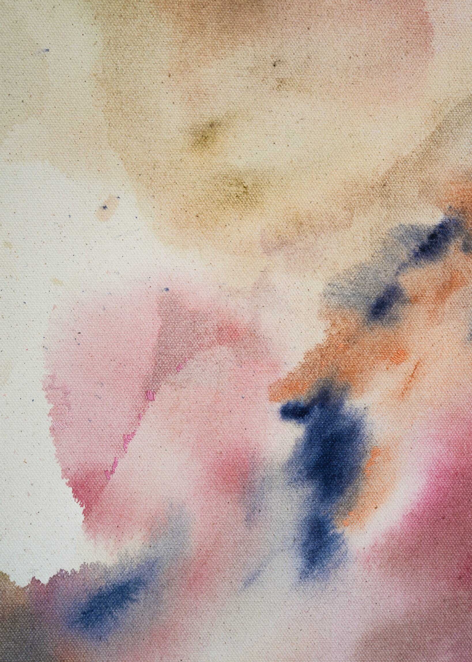 Abstract painting with deep navy brushstrokes layered over soft beige, dusty pink, and muted grey tones. Delicate hand embroidery lines move across the raw cotton canvas, evoking emotional depth and the feeling of inner turbulence and healing.