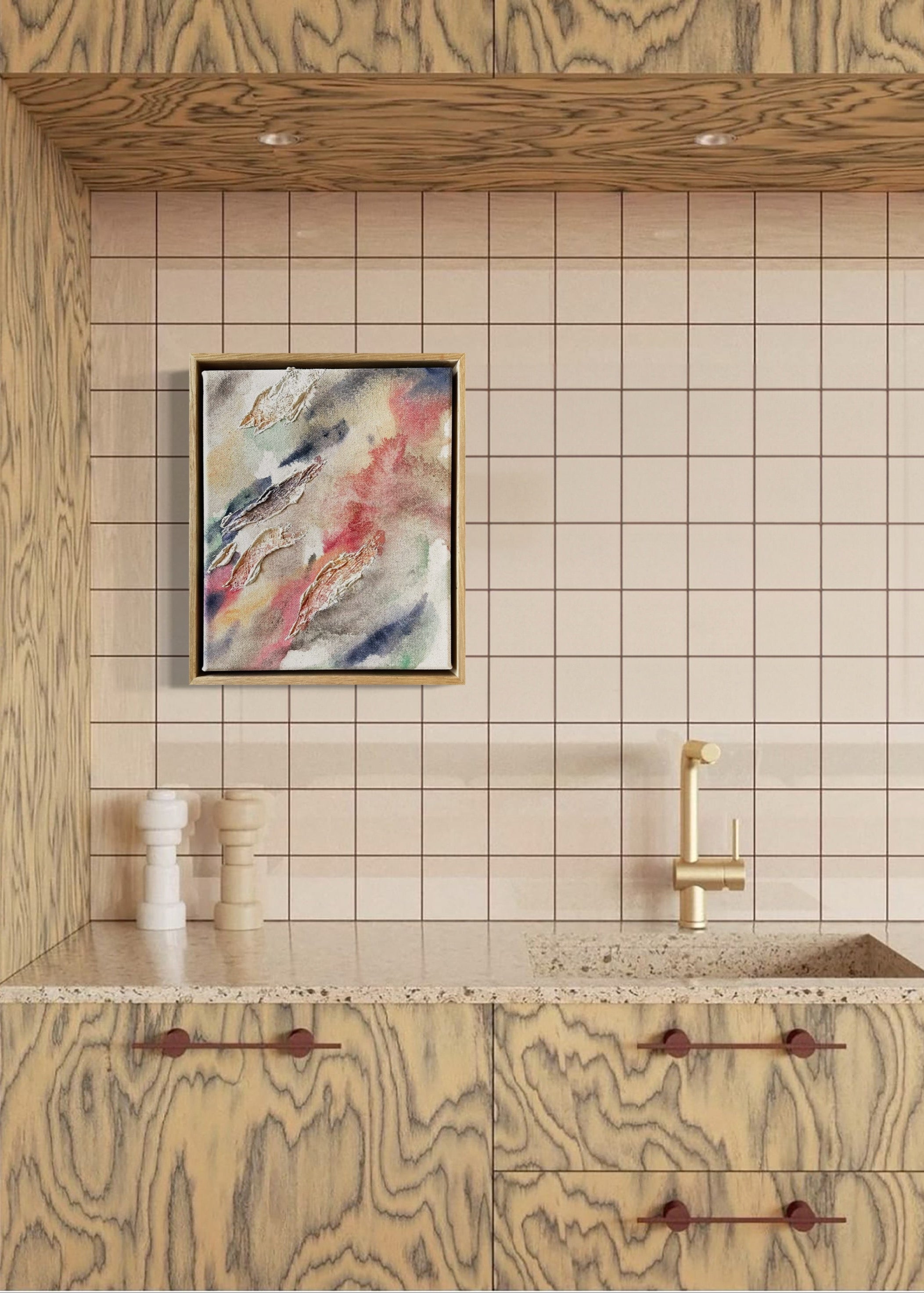 Abstract painting highlighted through organic shaped textures. Featuring colors of beige, pink, green, dark purple and deep blue on a canvas background. Framed in an oak wood frame.