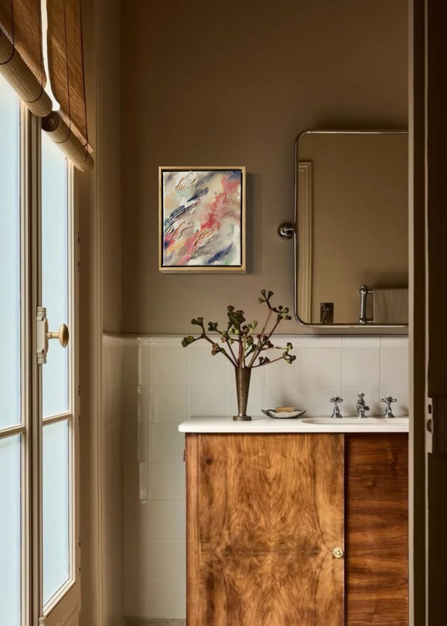 Abstract painting highlighted through organic shaped textures. Featuring colors of beige, pink, green, dark purple and deep blue on a canvas background. Framed in an oak wood frame.