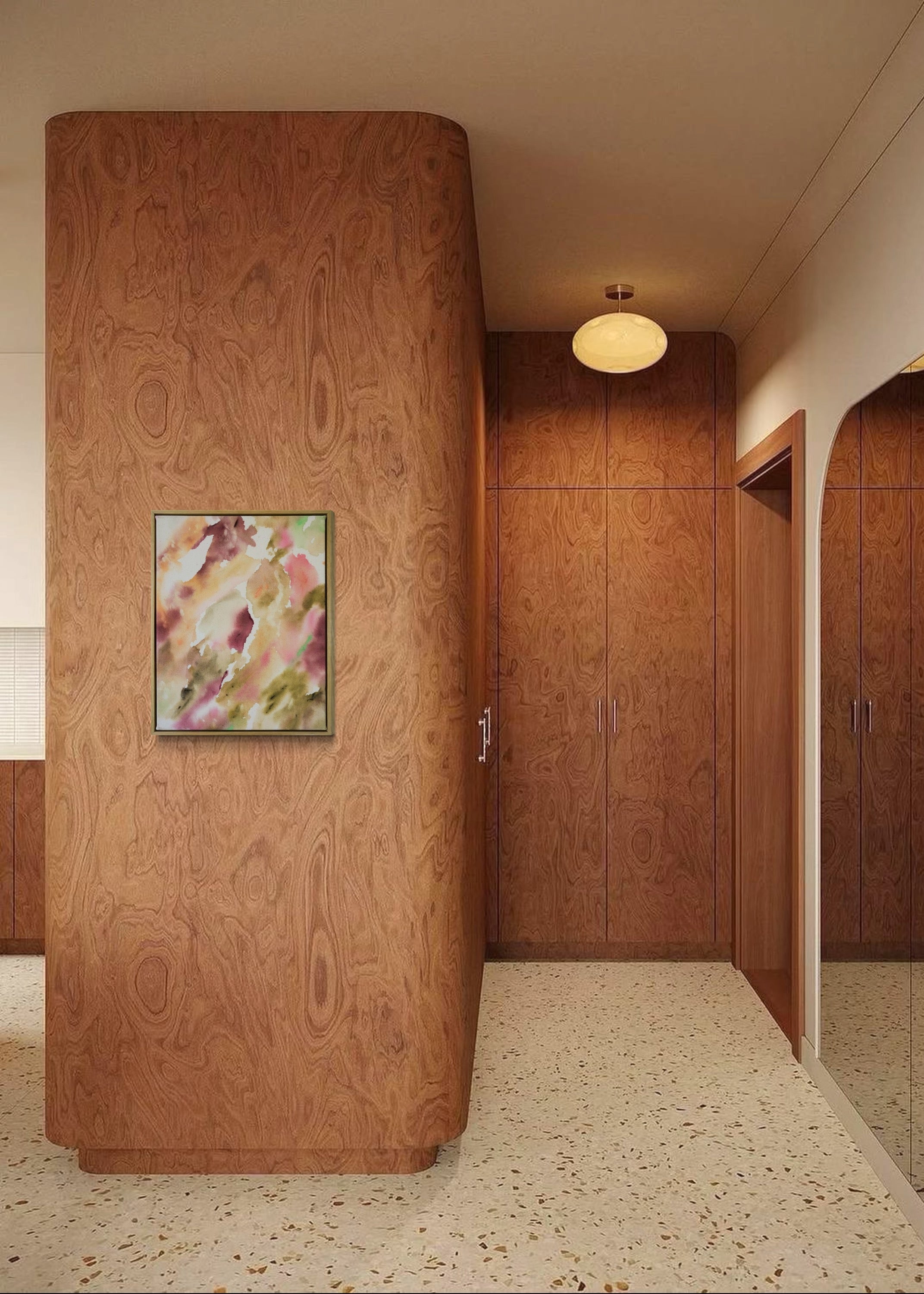 Abstract painting featuring soft, flowing shapes in shades of pink, beige, orange, and green shades, with a textured appearance framed in oak wood.
