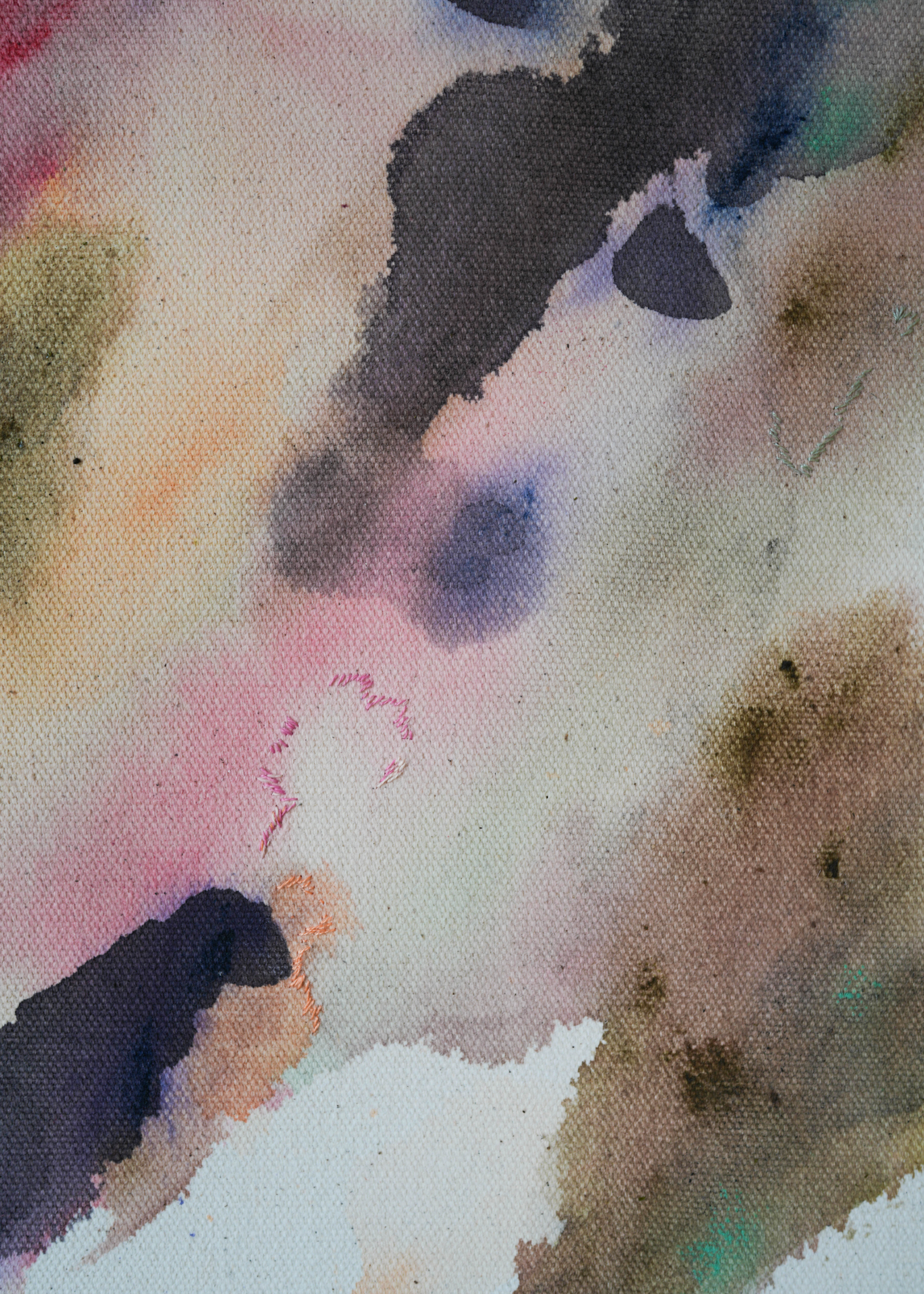 Abstract acrylic painting with soft swirls of pink, purple, and earthy tones, framed in wood. It conveys a serene, dreamy ambiance.