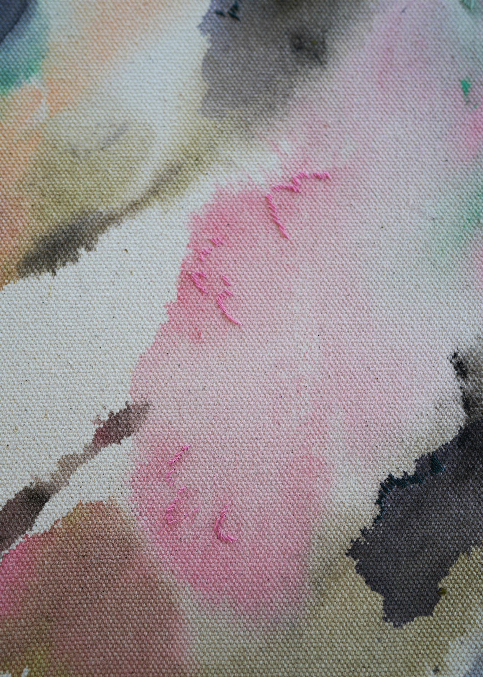 Abstract acrylic, fluid painting with soft pink, peach, green, and dark grey splashes, framed by light wood, conveying an impressionistic and soothing tone.