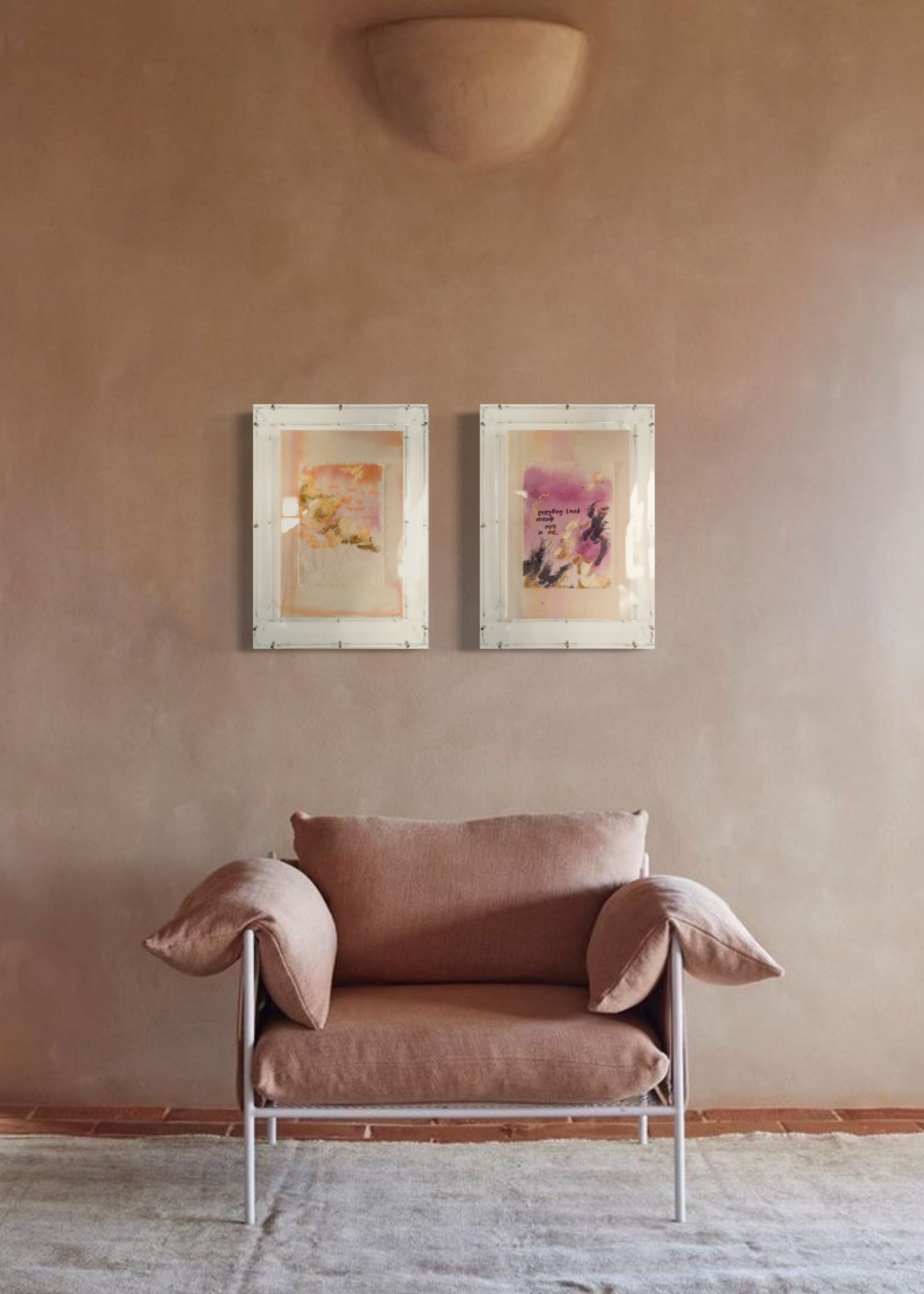 Abstract painting featuring purple, dark purple, and beige brushstrokes on canvas. With a stitched poem that reads, "everything I need already exists in me." Framed in clear acrylic.