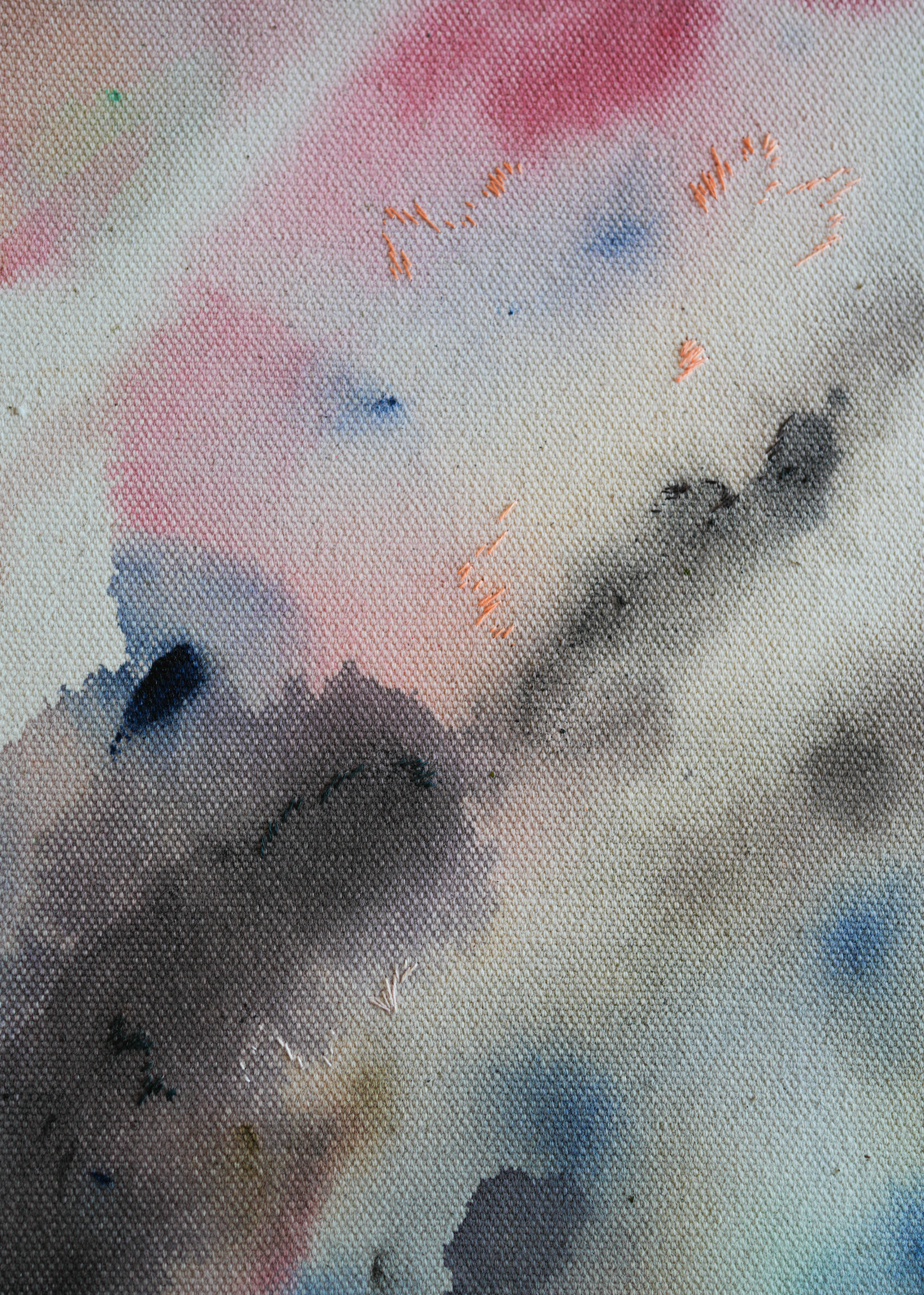 Abstract acrylic, fuid painting in a wooden frame, featuring soft blends of pink, blue, and dark grey. Conveys a dreamy, ethereal mood.