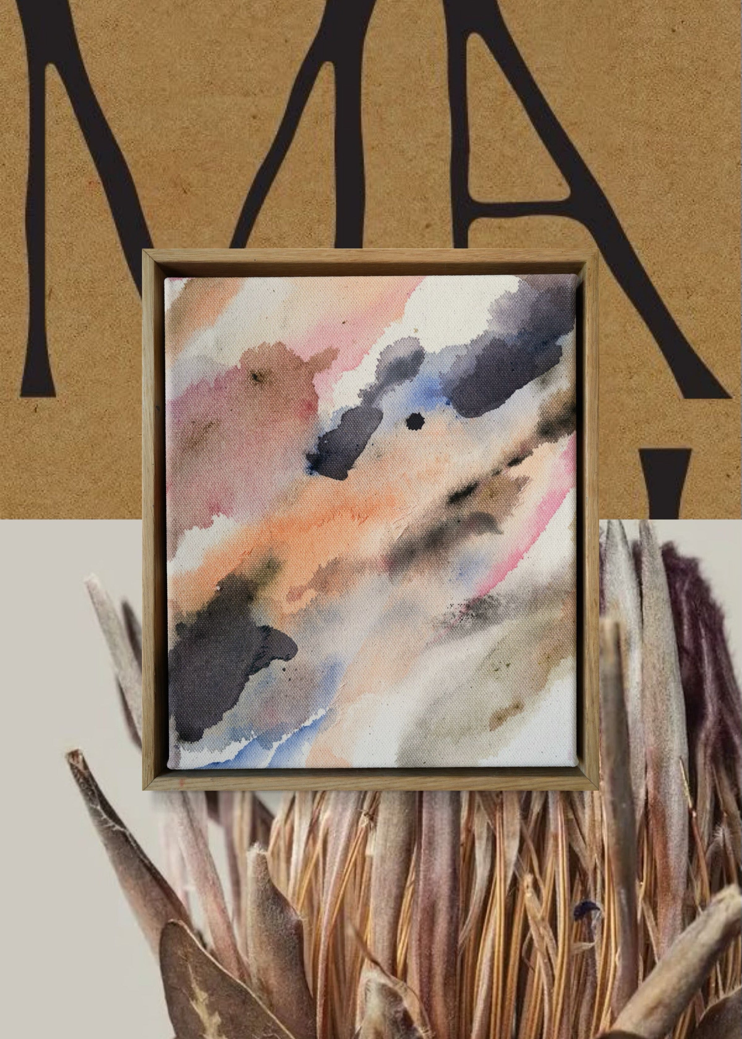 Abstract acrylic painting with soft, flowing shades of pink, peach, gray, and blue. Framed in light wood, the art conveys a calm, dreamy atmosphere.