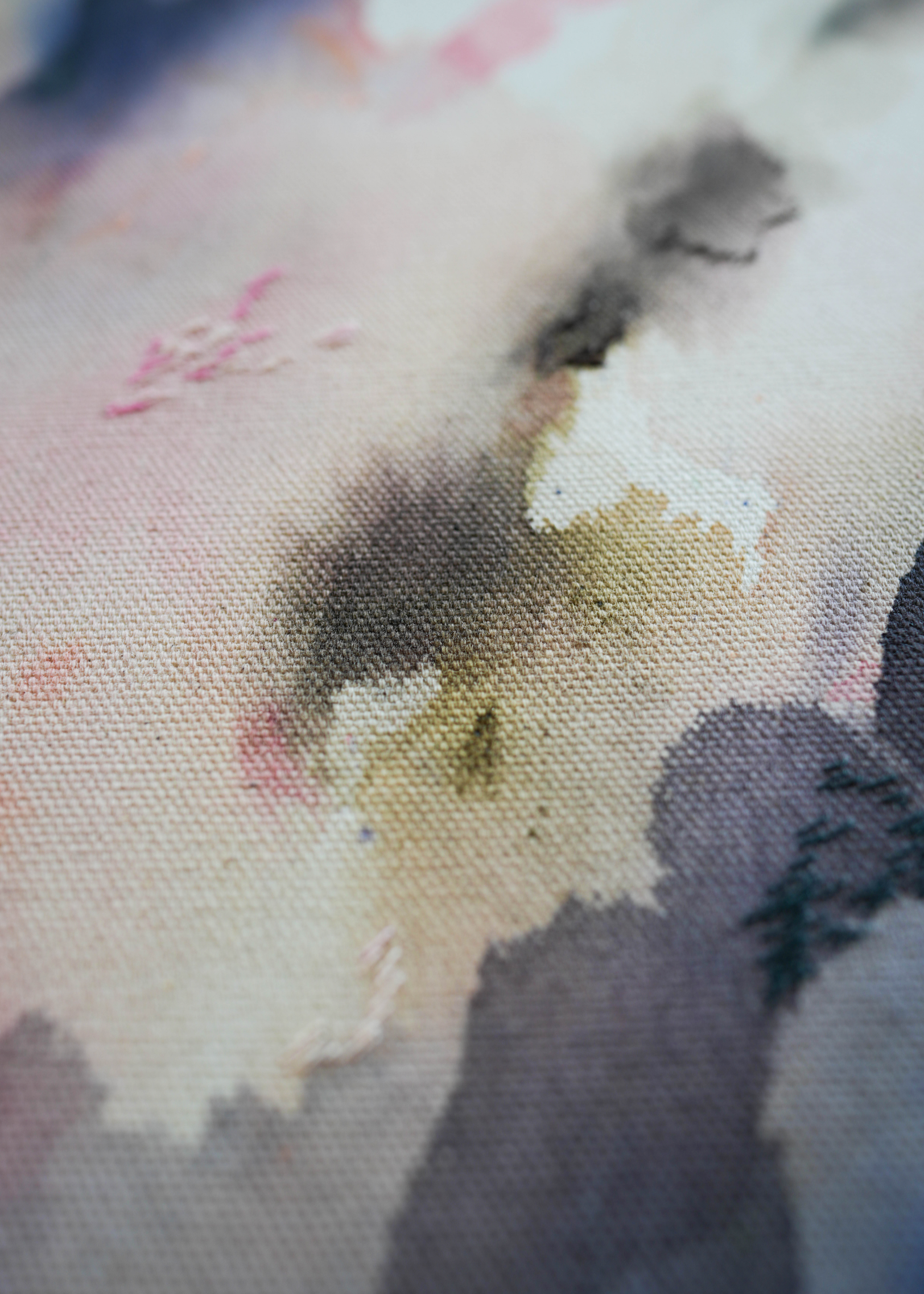 Abstract acrylic painting featuring soft, blended hues of pink, blue, and gray in flowing, harmonious patterns, framed in light wood. Radiates a subtle, tranquil tone perfect for creating a calming atmosphere.