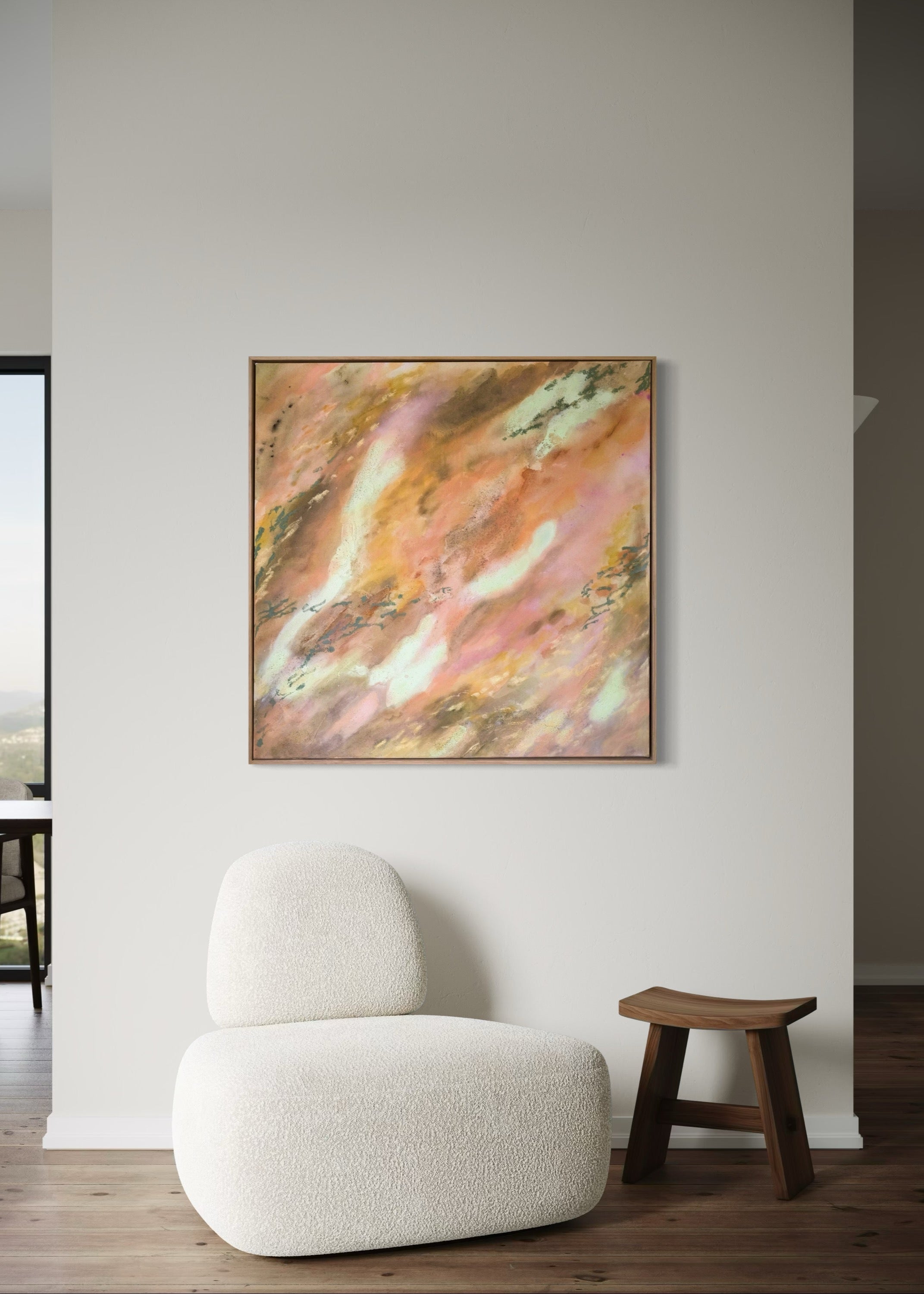 Abstrakt artwork featuring swirling patterns in earthy tones, orange, olive, yellow and pastel tones in turquoise and butter yellow on a textured surface framed in oak wood.
