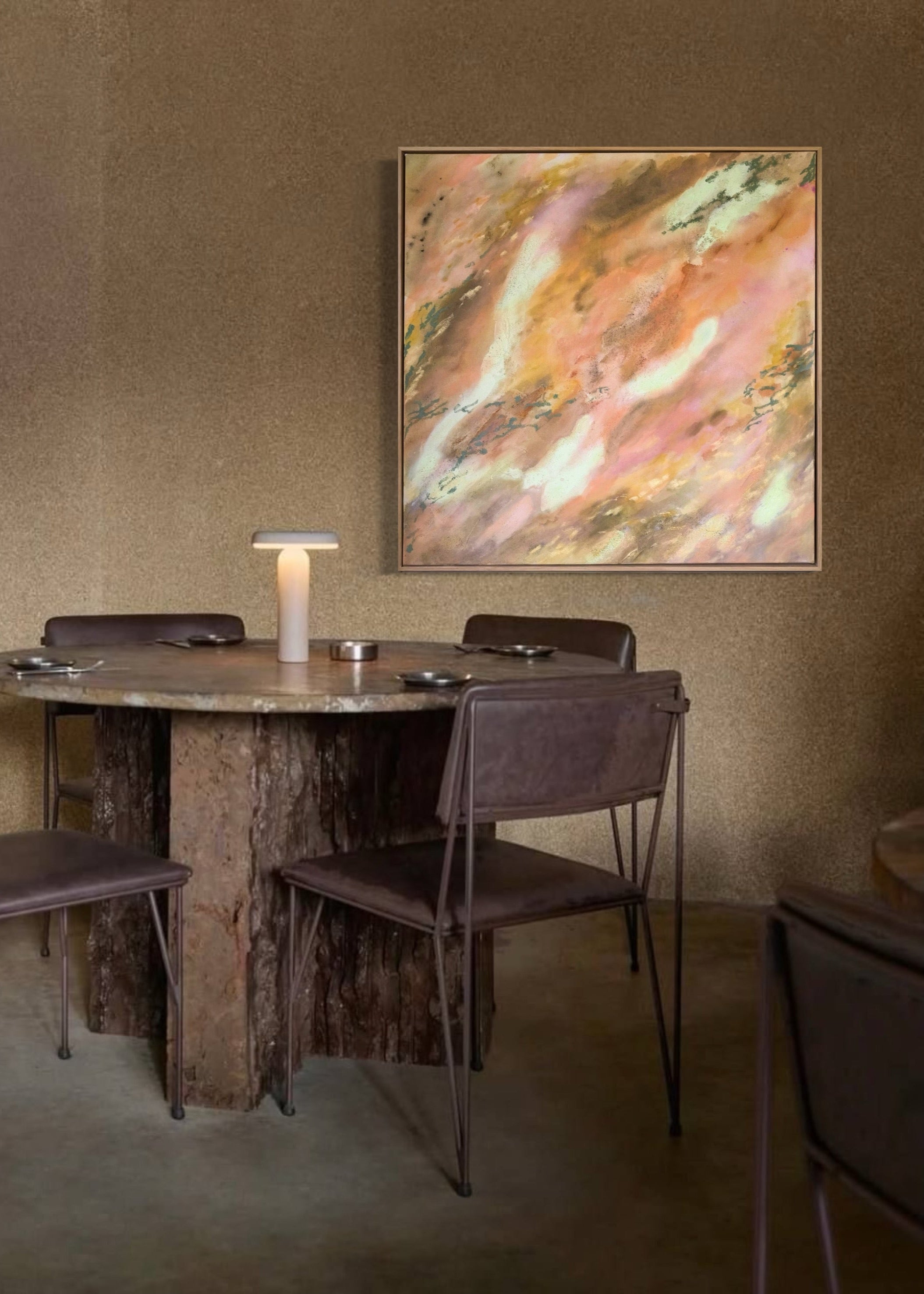 Abstrakt artwork featuring swirling patterns in earthy tones, orange, olive, yellow and pastel tones in turquoise and butter yellow on a textured surface framed in oak wood.
