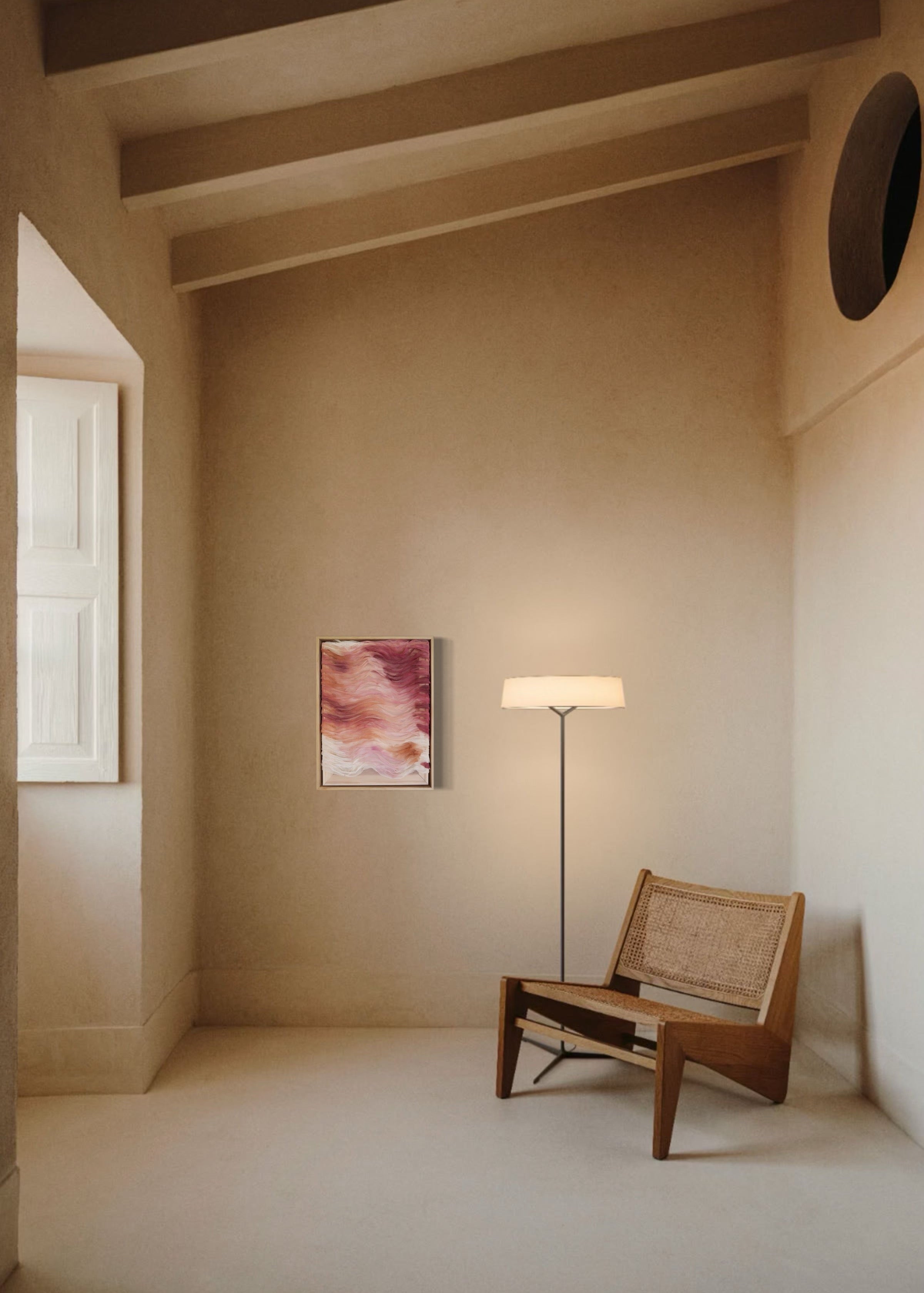 Abstract artwork featuring layered haute couture fabric from Carolina Herrera. Colors include light pink, red, orange, and deep red, arranged in wavy patterns.