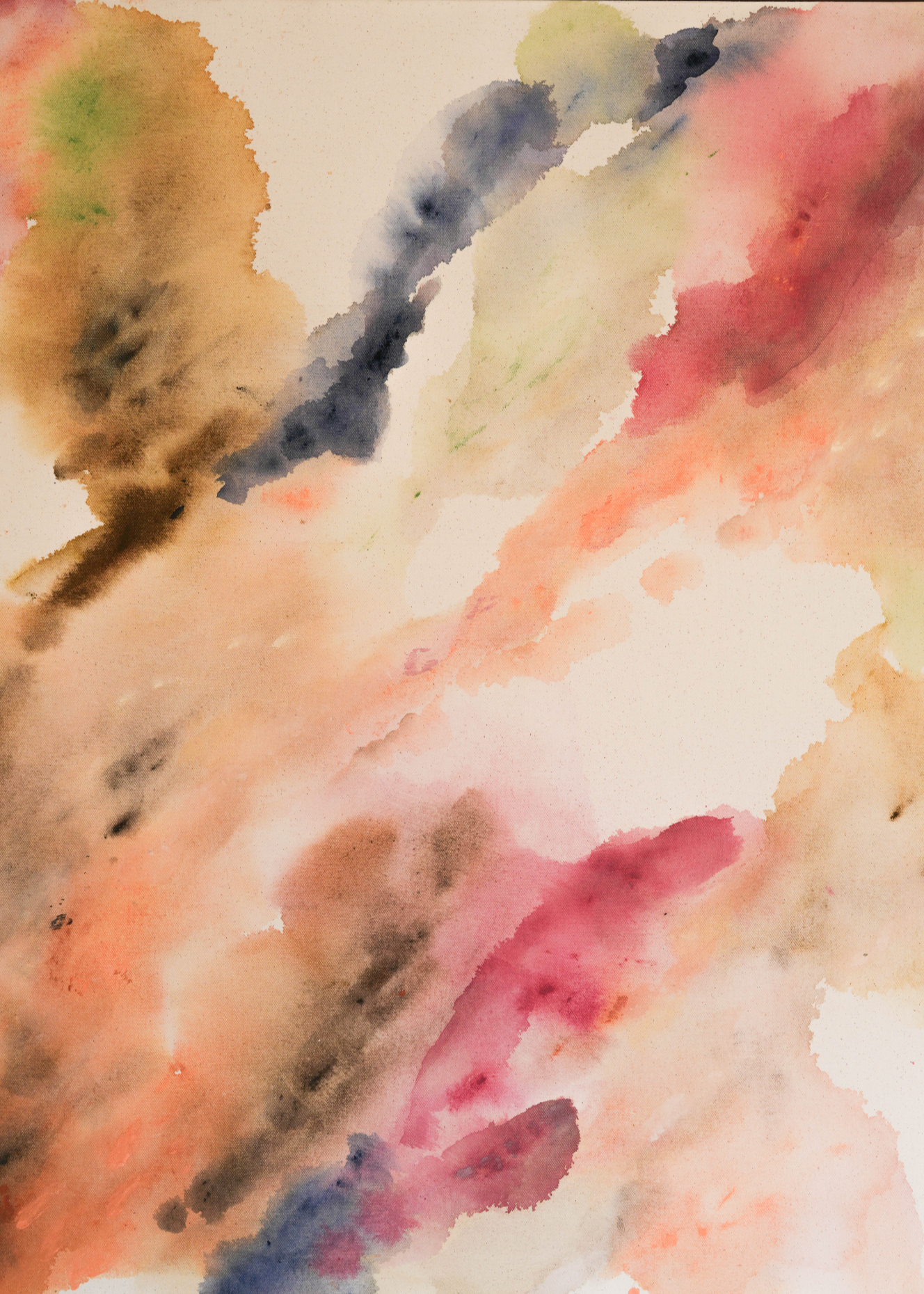 Abstract watercolor in earthy tones such as beige, rose, orange, and brown, with touches of blue and green. The colors flow transparently into one another on a white background, framed in a slim, wooden frame.