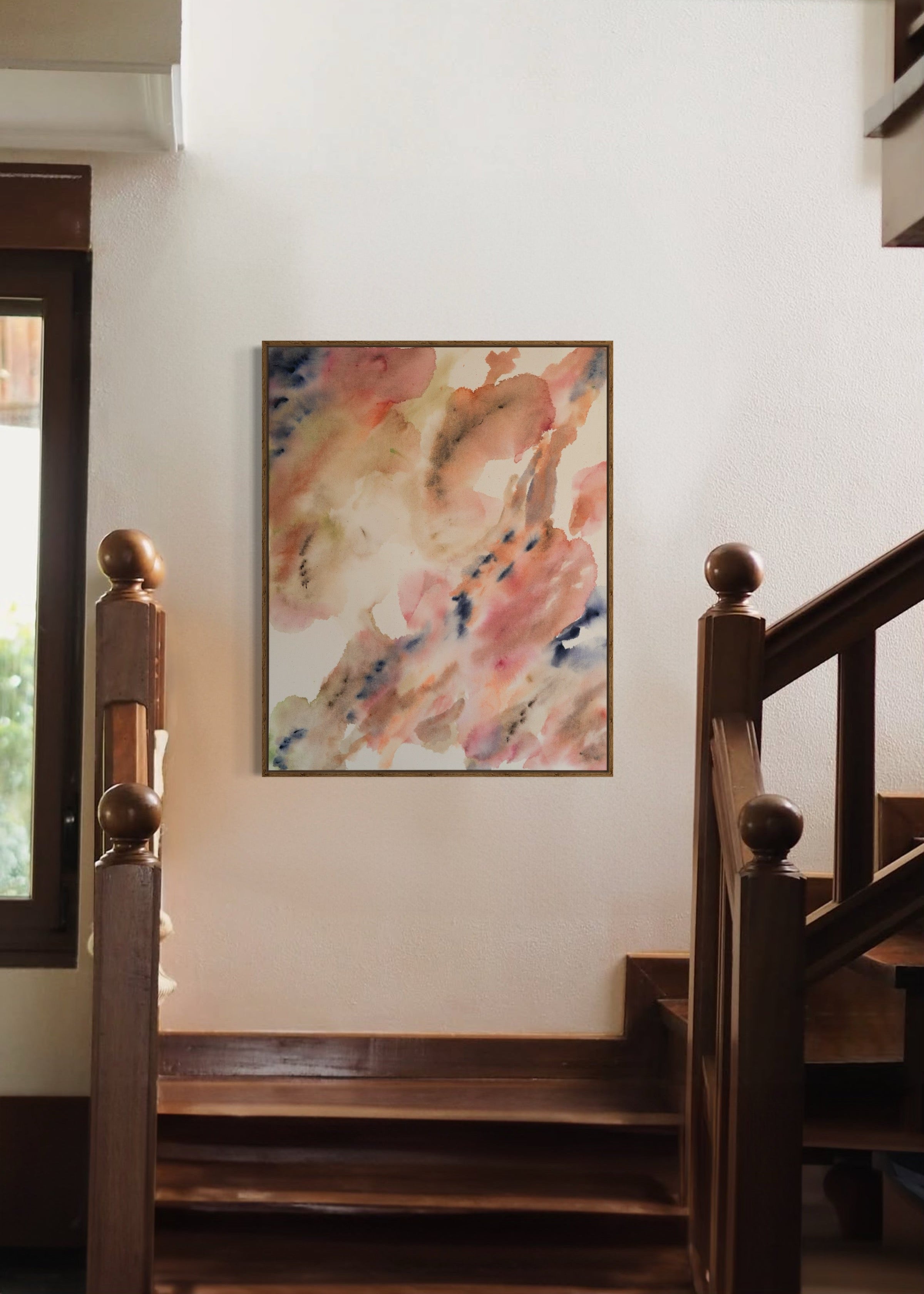 Abstract painting with deep navy brushstrokes layered over soft beige, dusty pink, and muted grey tones. Delicate hand embroidery lines move across the raw cotton canvas, evoking emotional depth and the feeling of inner turbulence and healing.