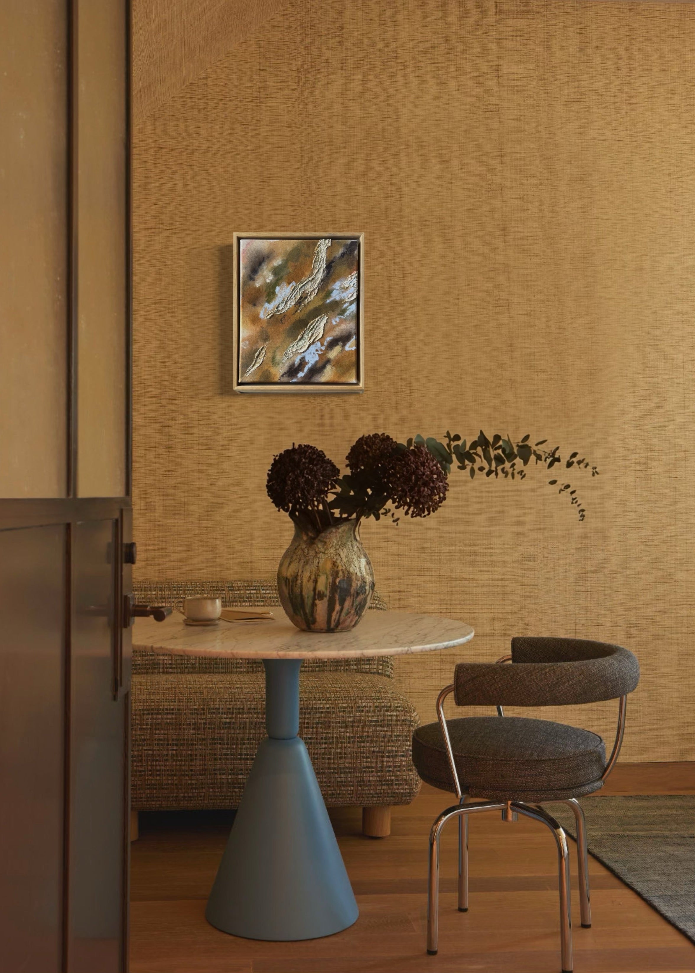 Abstract painting with textured, layered elements in shades of brown, green, and blue. The canvas features irregular shapes resembling organic forms. Framed in oak wood.