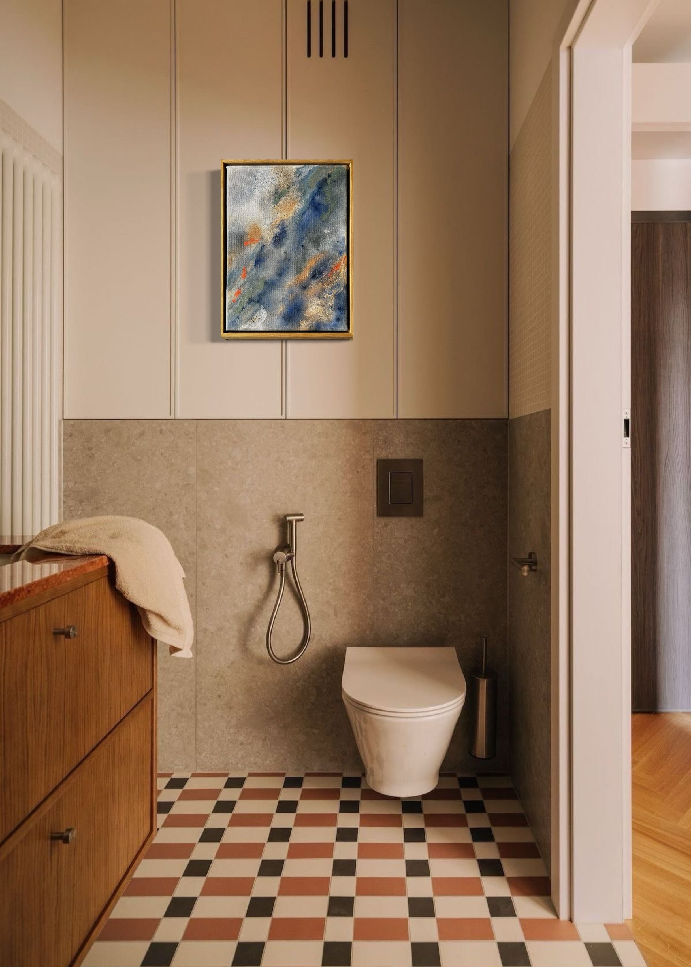Abstract painting with swirling patterns in shades of blue, gray, green and orange, framed in oak wood.