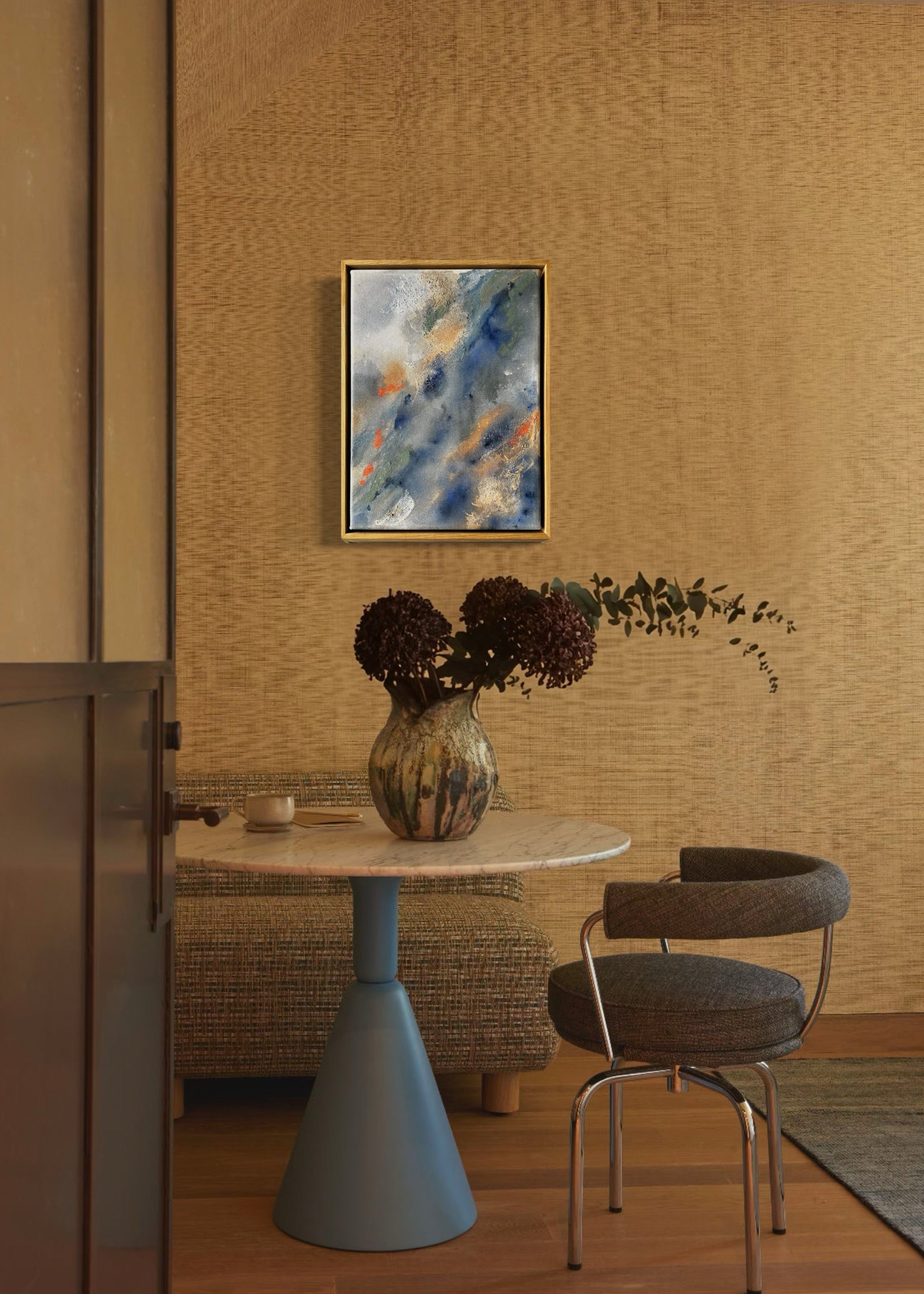 Abstract painting with swirling patterns in shades of blue, gray, green and orange, framed in oak wood.