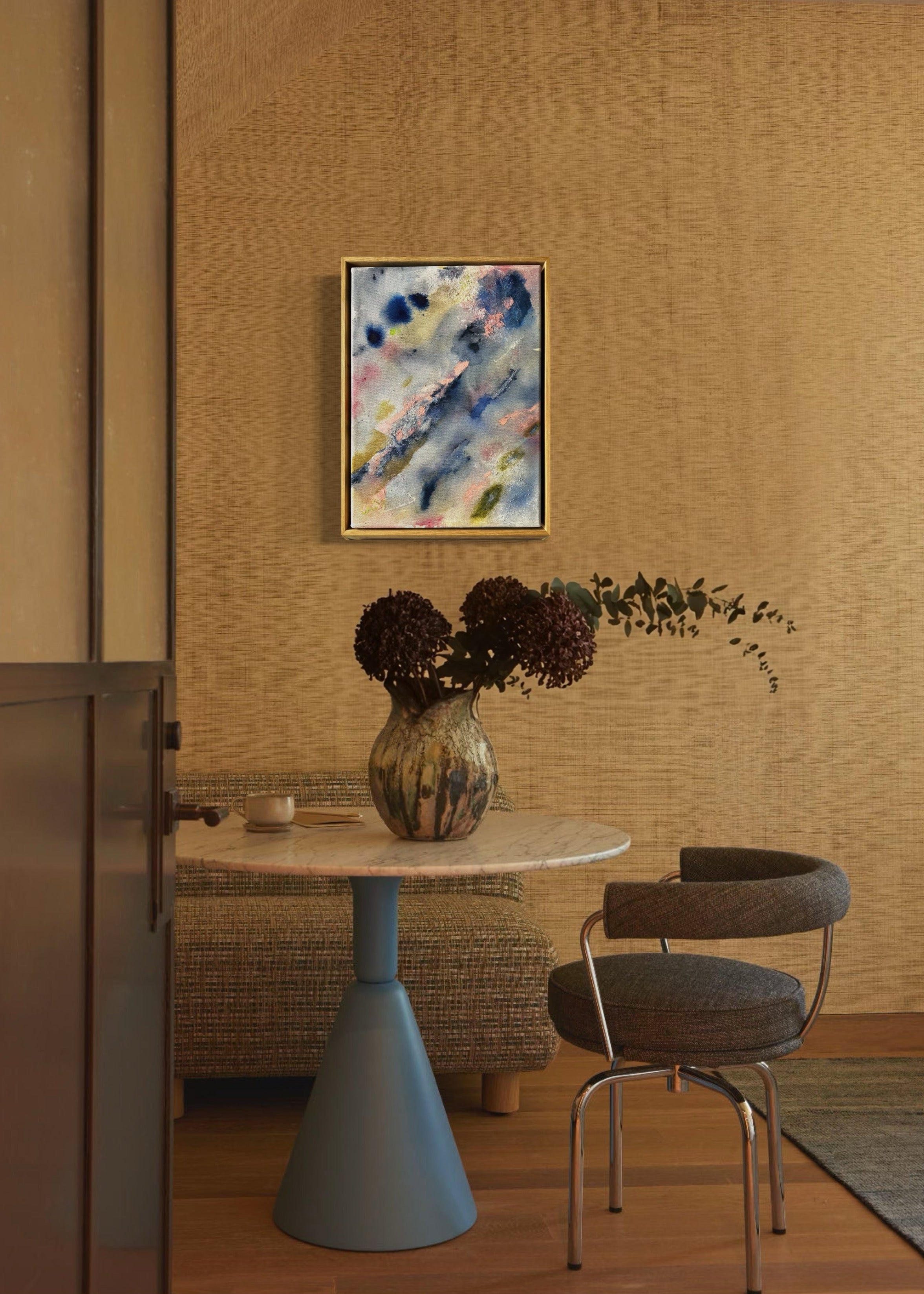 Abstract painting with a textured surface featuring blue, pink, and green hues. The composition includes various brush strokes and splatters.