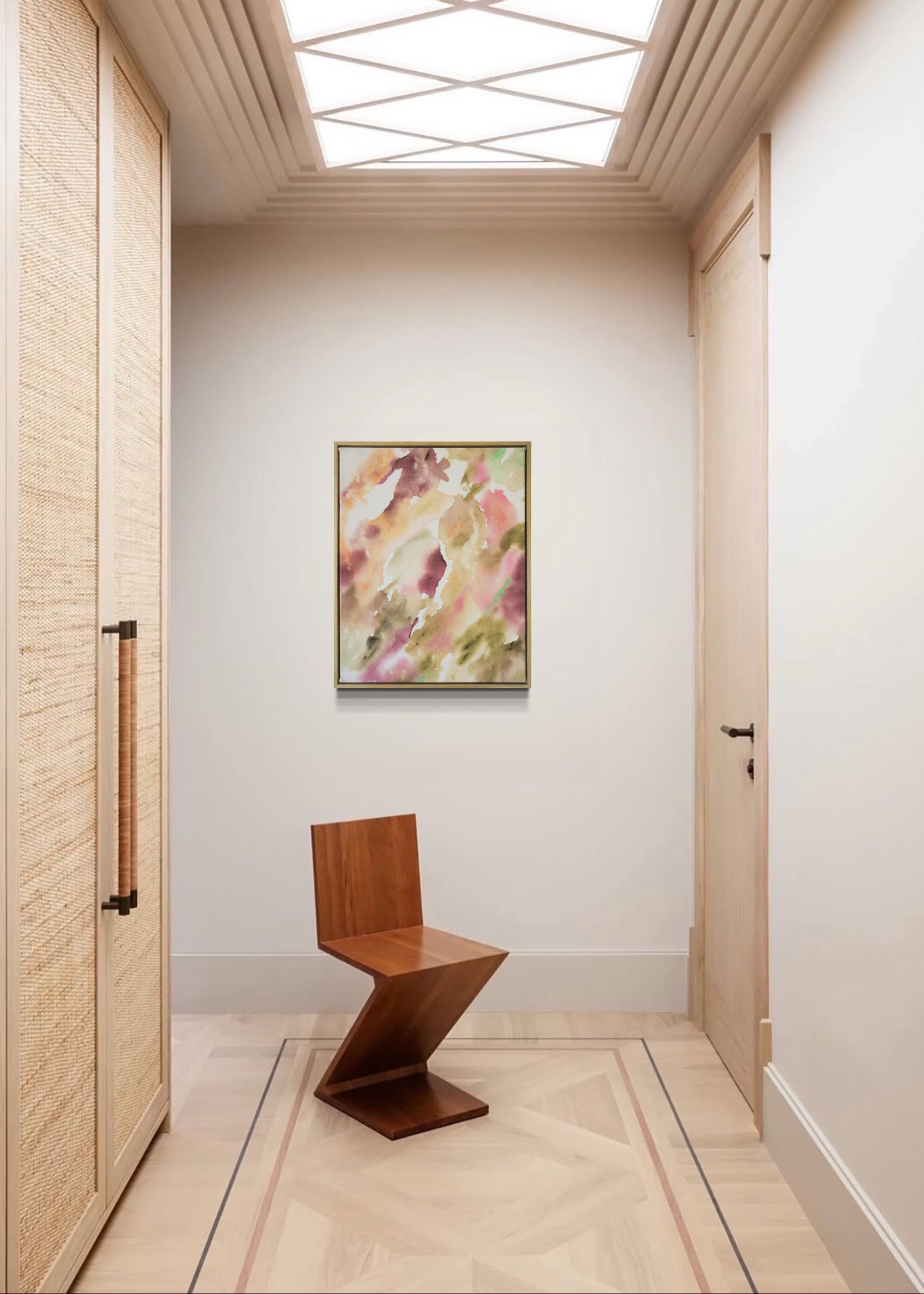 Abstract painting featuring soft, flowing shapes in shades of pink, beige, orange, and green shades, with a textured appearance  framed in oak wood.
