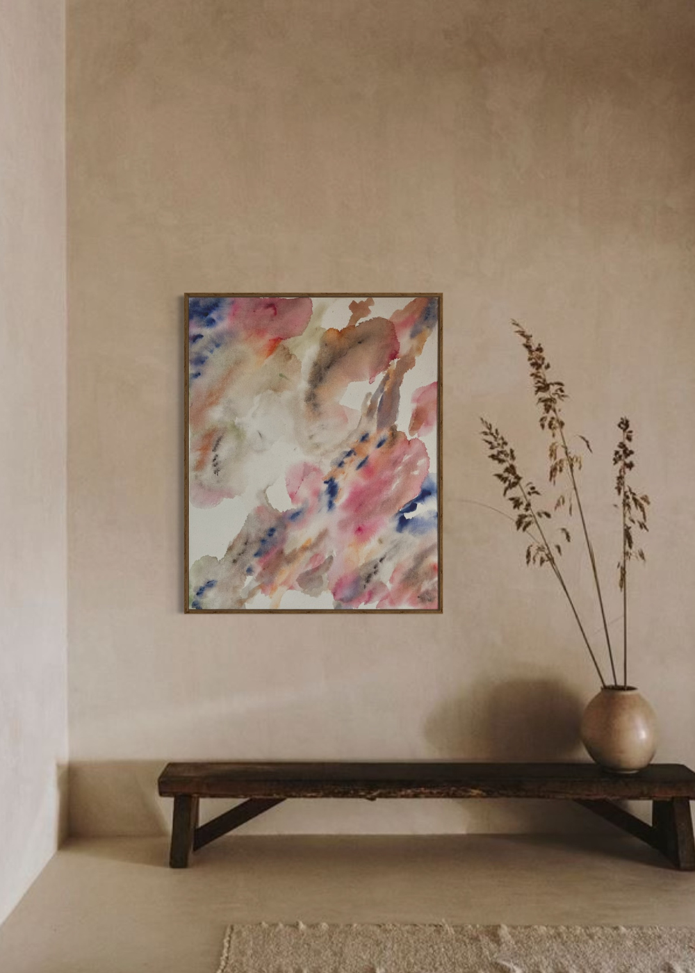 Beautiful, colorful abstract art hanging in a beige hallway