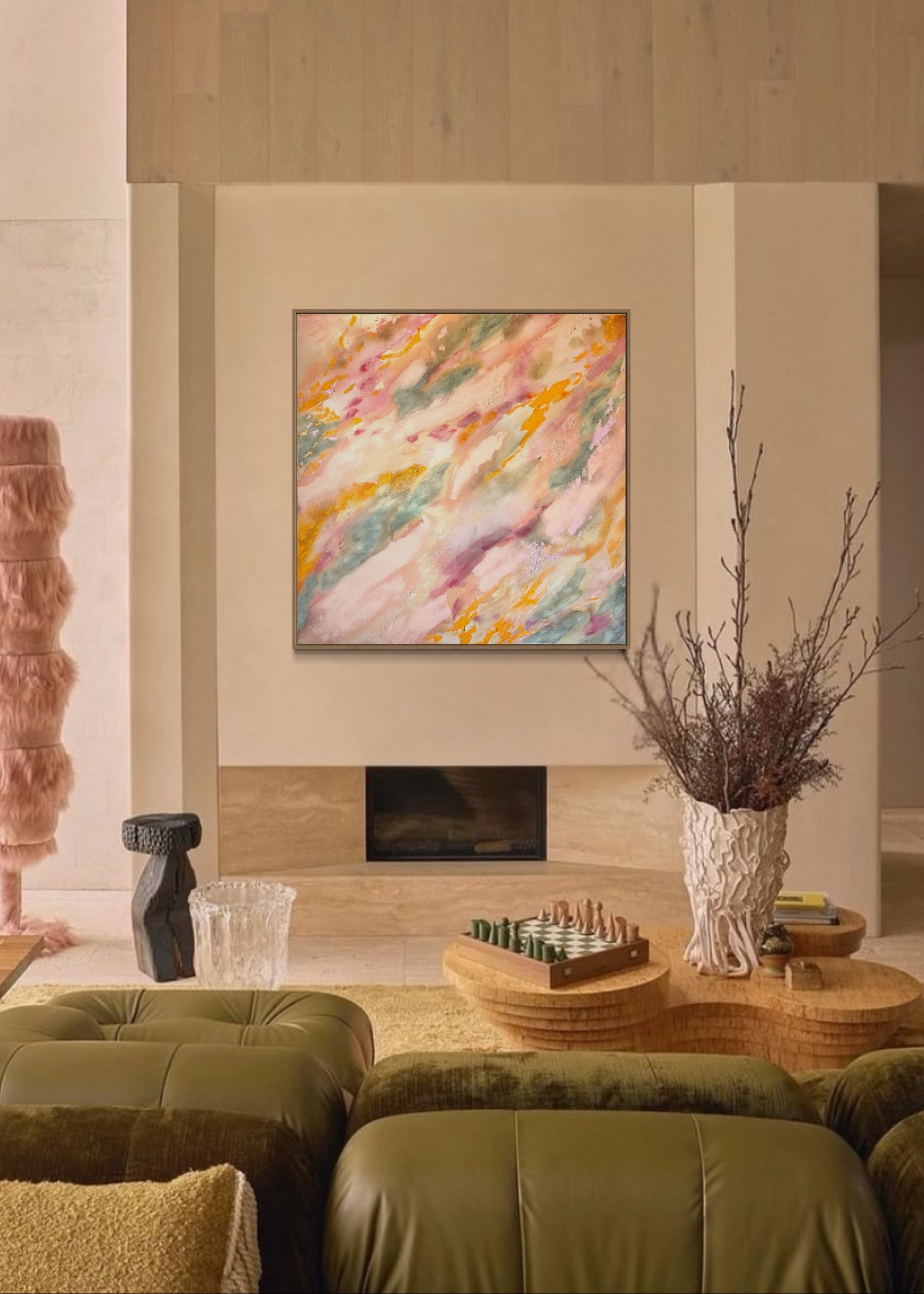 Abstrakt artwork featuring swirling patterns in pink, orange, and pastel tones in green and orange on a textured surface framed in oak wood.