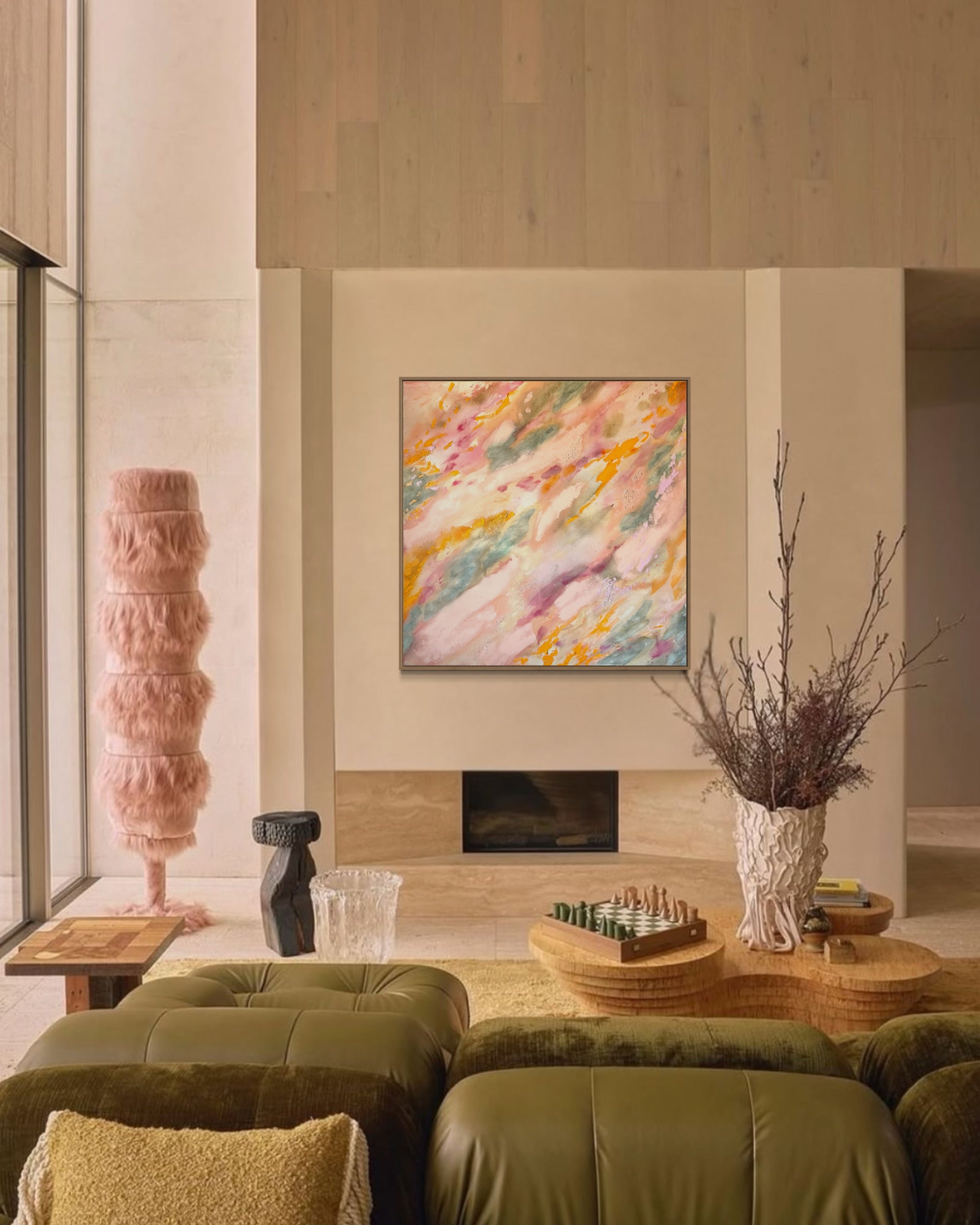 Abstrakt artwork featuring swirling patterns in pink, orange, and pastel tones in green and orange on a textured surface framed in oak wood.