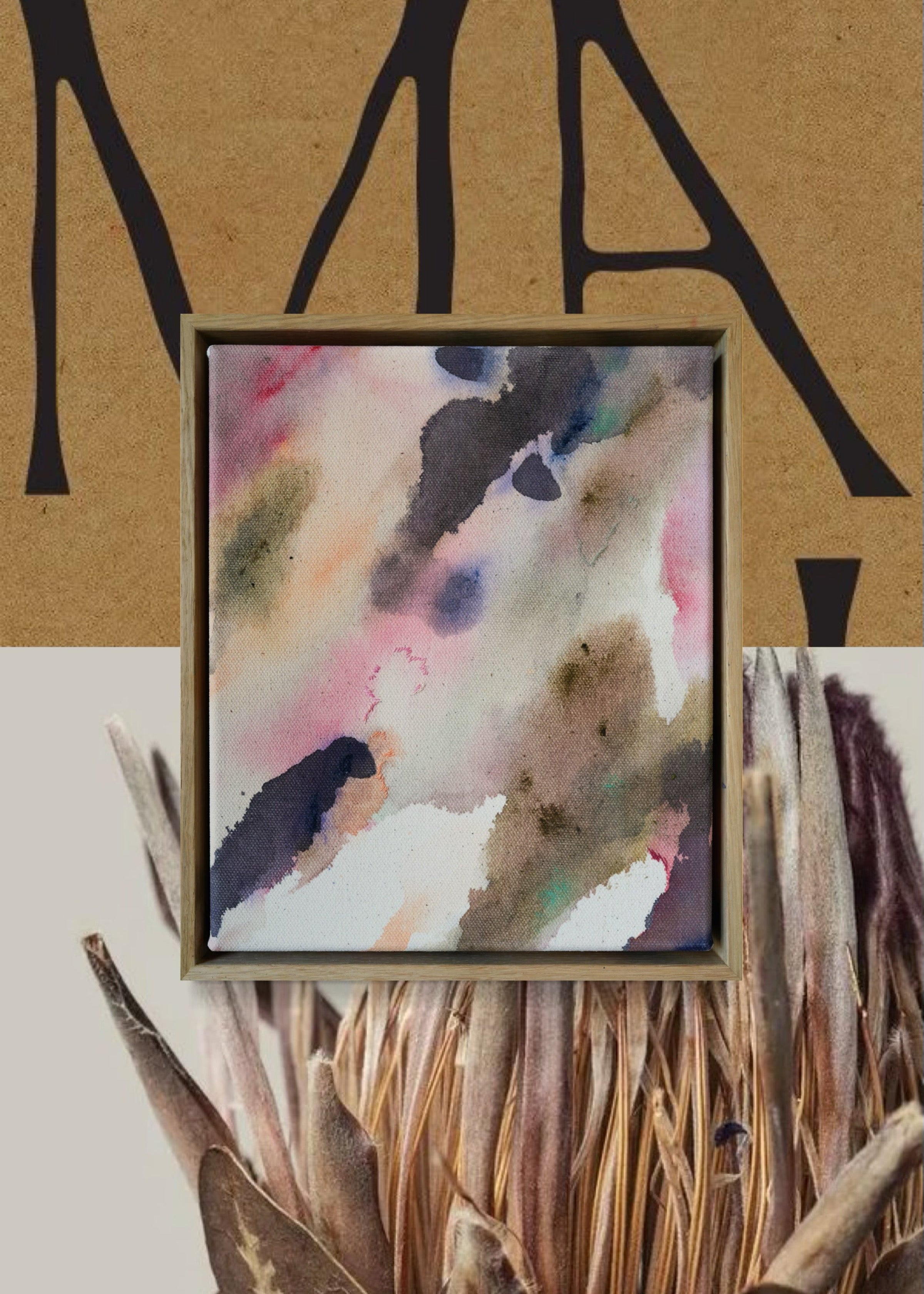 Abstract acrylic painting with soft swirls of pink, purple, and earthy tones, framed in wood. It conveys a serene, dreamy ambiance.