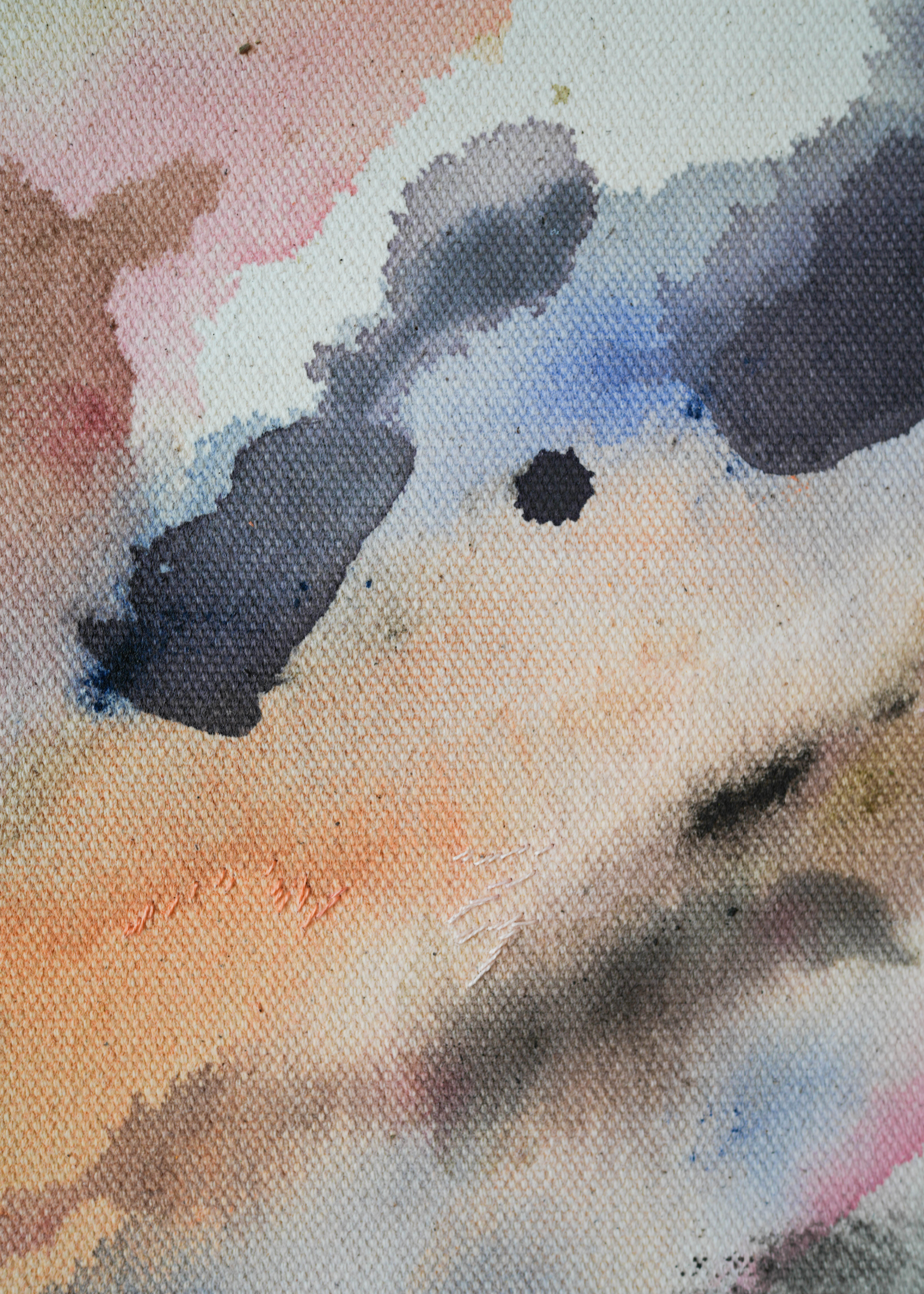 Abstract acrylic painting with soft, flowing shades of pink, peach, gray, and blue. Framed in light wood, the art conveys a calm, dreamy atmosphere.