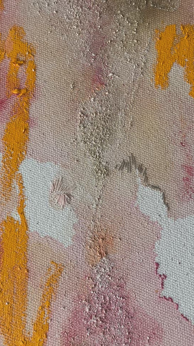 Abstract painting featuring swirling patterns in orange, pink, and beige tones on a textured canvas. Framed in a light wood frame.